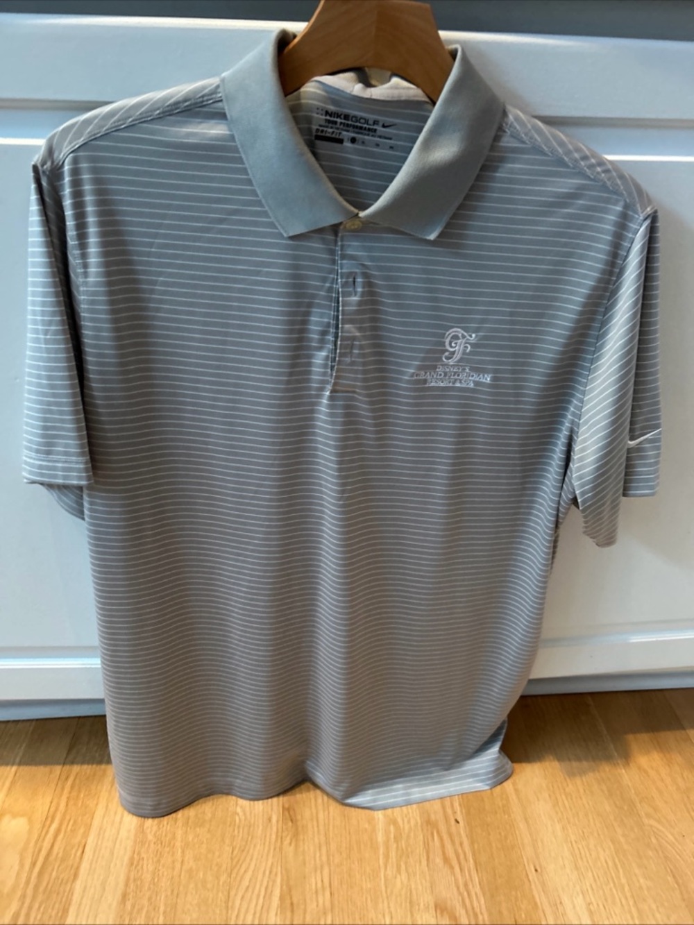 Nike Golf Tour Performance Dri-Fit Disney’s Grand Floridian Gray Striped Polo